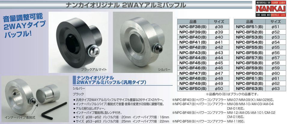 NPC-BF62B ■ブラックφ62mm 汎用2WAYアルミバッフル■マフラー消音に NANKAI/南海部品