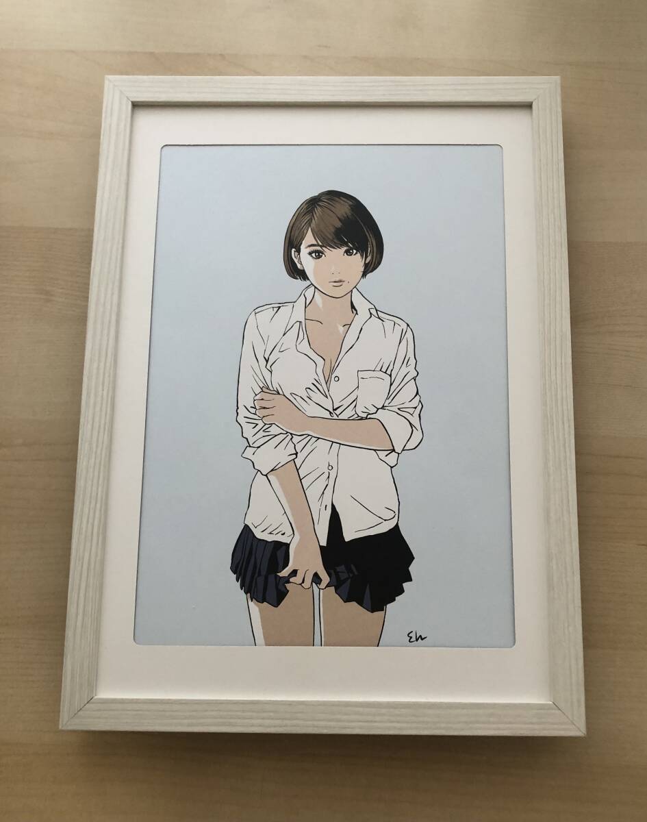 kj ★額装品★ 江口寿史 セクシー ノーブラ 貴重イラスト グラビア A4額入り ポスター風デザイン 美人画 美女 美少女 漫画 ひばりくん 制服