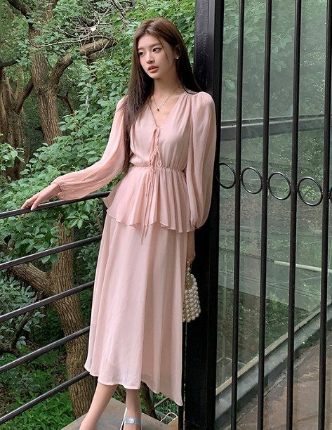 ロングワンピース フリル きれいめ ドレス 披露宴 二次会 S ピンク