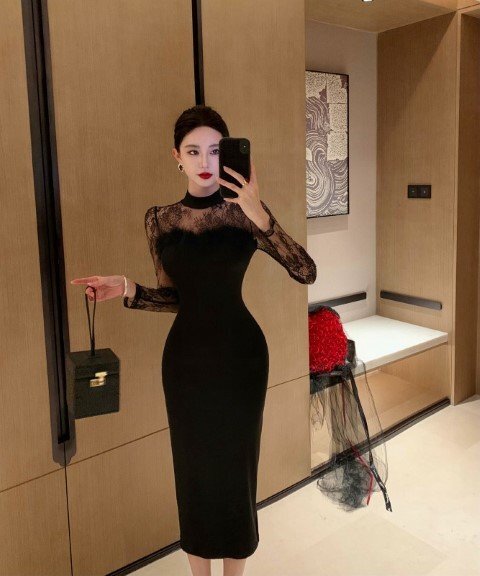 ロングワンピース タイト 長袖 セクシー ドレス レース レディース M ブラック