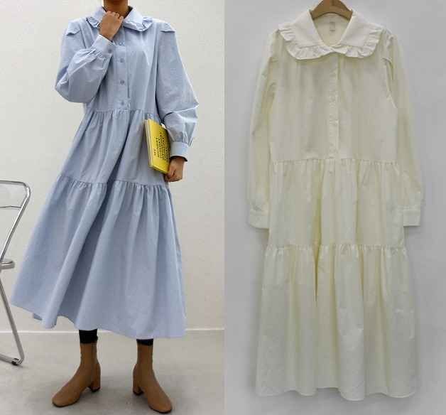 長袖ワンピース フリル ロングワンピ シンプル かわいい カジュアル フリー ブルー