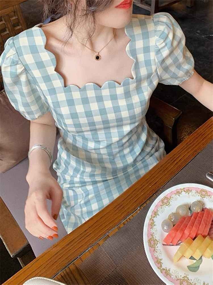 かわいい系 半袖 ロングスカート スクエアネック ワンピース レトロ ギンガムチェック M ショート丈