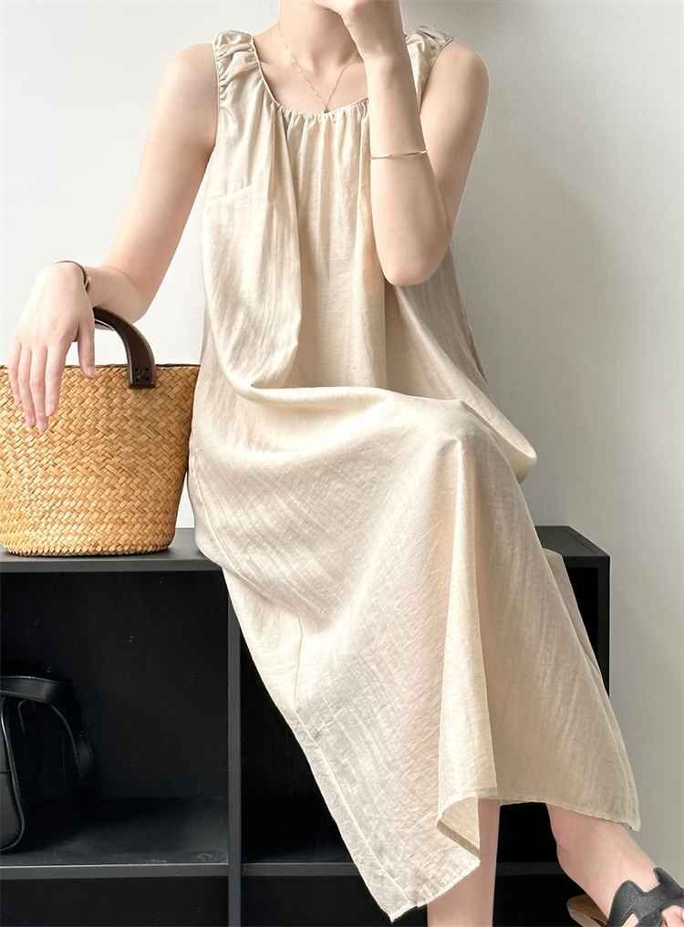 ジャンパースカート キャミワンピ ロングワンピ Uネック ノースリーブワンピ レディース M べージュ