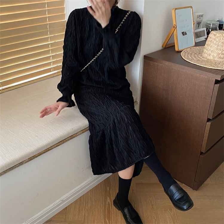 ワンピース ラウンドネック ロングスカート sweet系 かわいい系 フリー ブラック