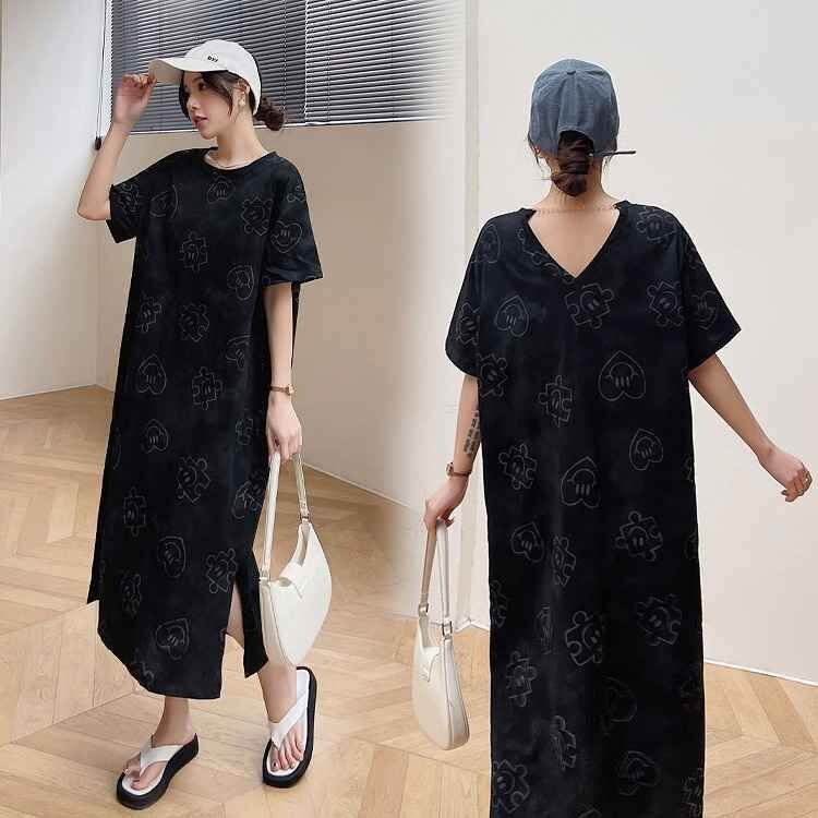半袖ワンピース フリル 切り替え 体型カバー 着痩せ ロング丈 【大きいサイズあり】 2XL ブラック