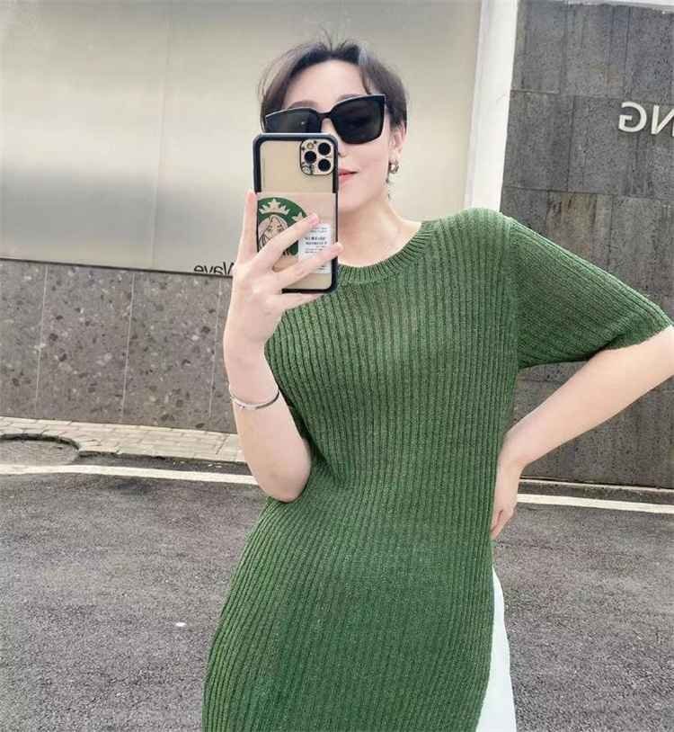 ワンピース ロングスカート レディース ニット ひざ上 半袖 フリー グリーン