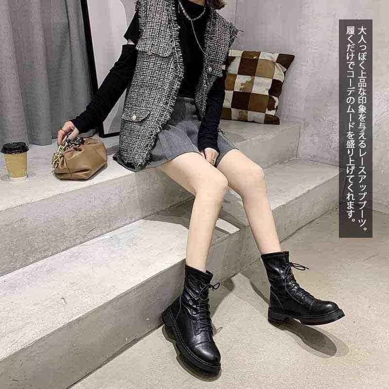  lady's shoes boots race up cord futoshi heel middle leather style half low heel beautiful legs 38 reverse side nappy 