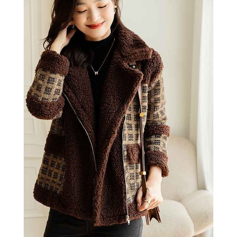 ピーコート 厚手 切り替え バイカラー 体型カバー 着痩せ チェック柄 sweet系 XL ブラウン