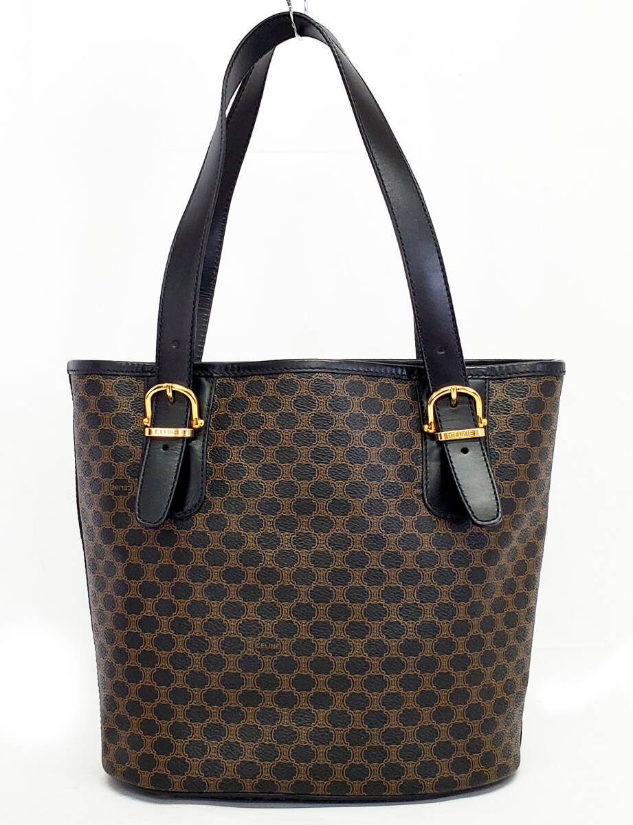 R002* не использовался [CELINE Celine ] Macadam рисунок ручная сумочка большая сумка Vintage *PVC× кожа черный 