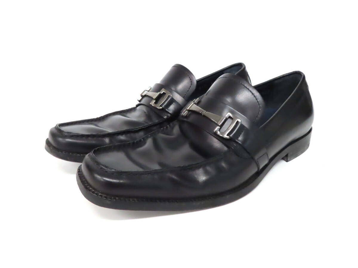 25258 美品 Salvatore Ferragamo フェラガモ ホースビット 金具 ローファー スリッポン ビジネス シューズ 6.5EE 黒 ブラック メンズ 伊製