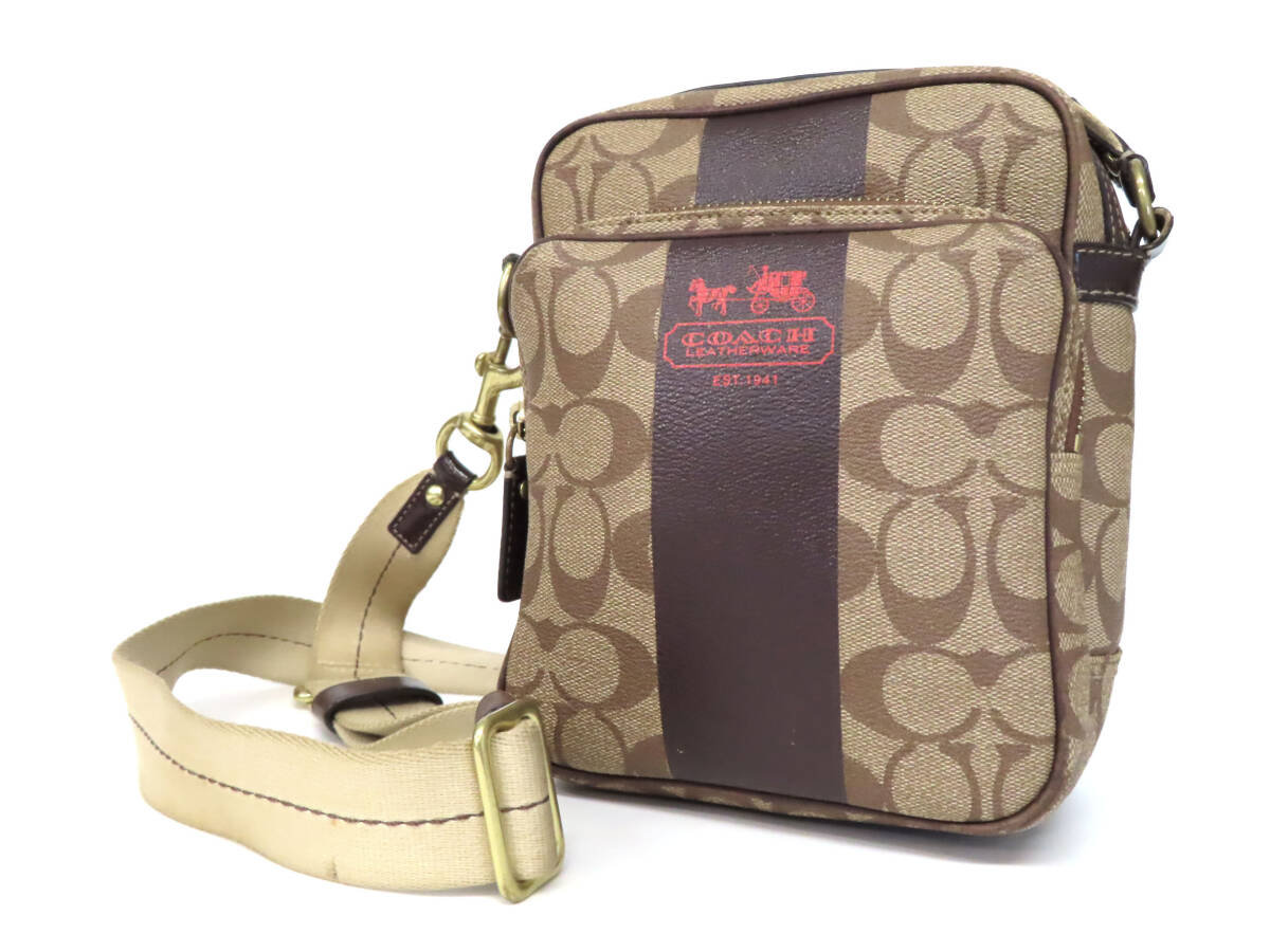 25440 COACH コーチ ヘリテイジ ストライプ シグネチャー PVC×レザー 斜め掛け クロスボディ ショルダーバッグ 鞄 茶系 ブラウン メンズ
