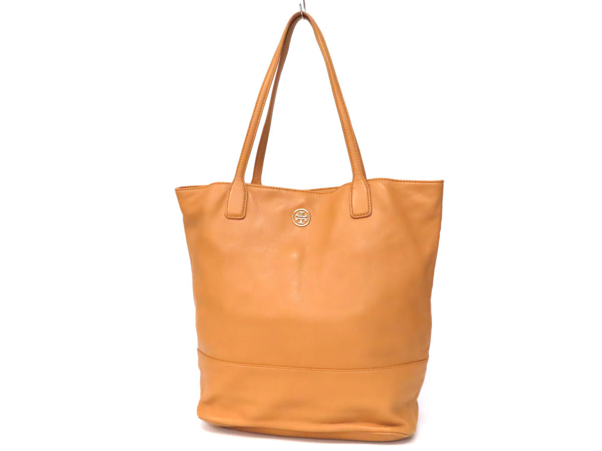 25216 美品 TORY BURCH トリーバーチ TTロゴ 金具 本革 オールレザー 肩掛け トートバッグ ショルダーバッグ 縦型 鞄 キャメル レディース