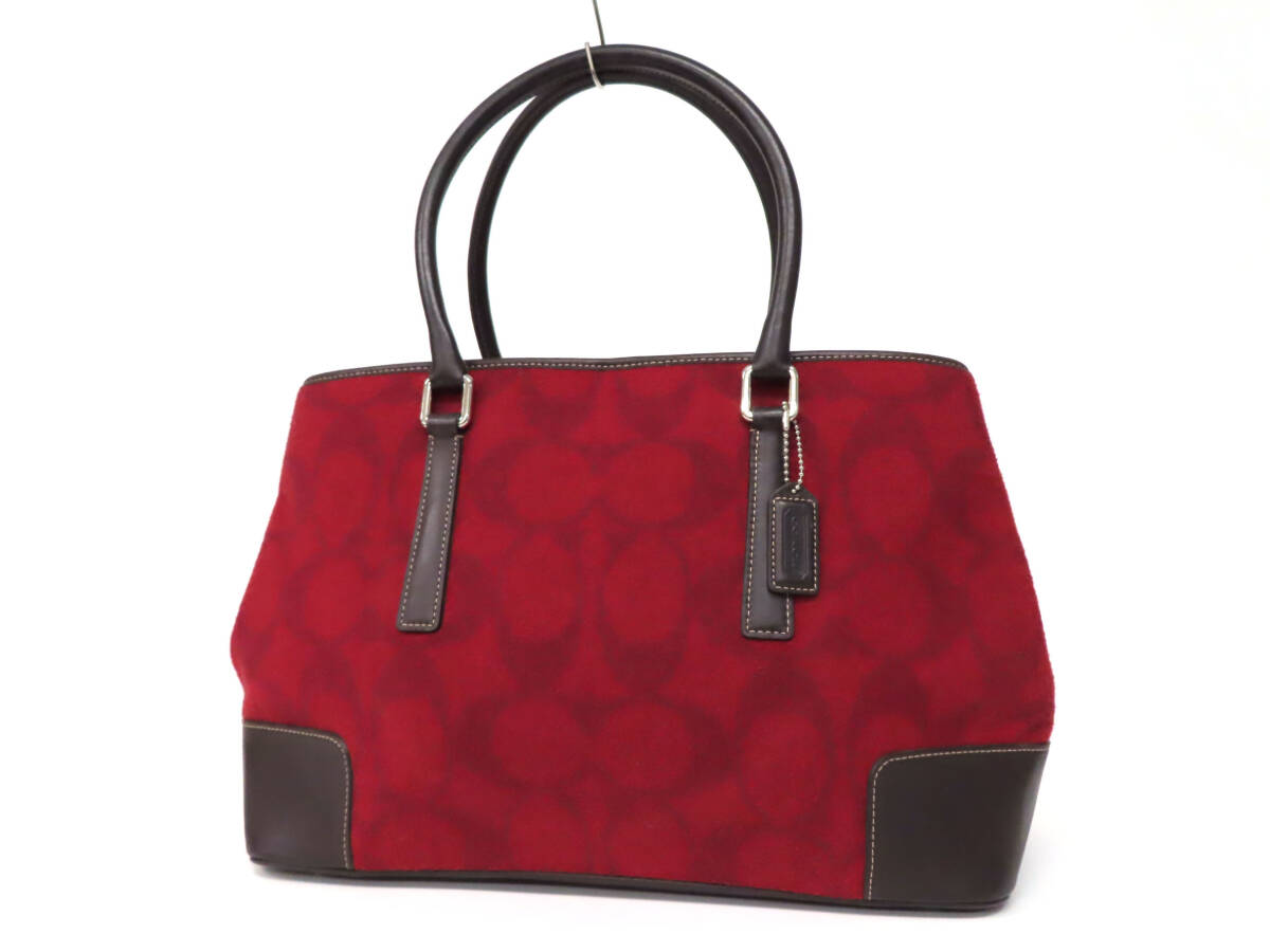25383 美品 COACH コーチ シグネチャー柄 フェルト ウール×レザー S金具 トートバッグ ハンドバッグ 手持ち 鞄 7721 赤×濃茶 レディース
