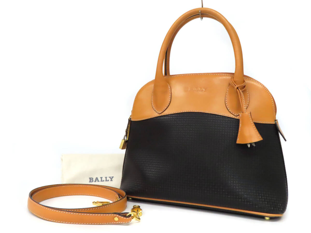 25217 美品 BALLY バリー Bロゴ エンボス 鍵付き PVC×レザー 2WAY ハンドバッグ ショルダーバッグ 黒×キャメル イタリア製 ヴィンテージ