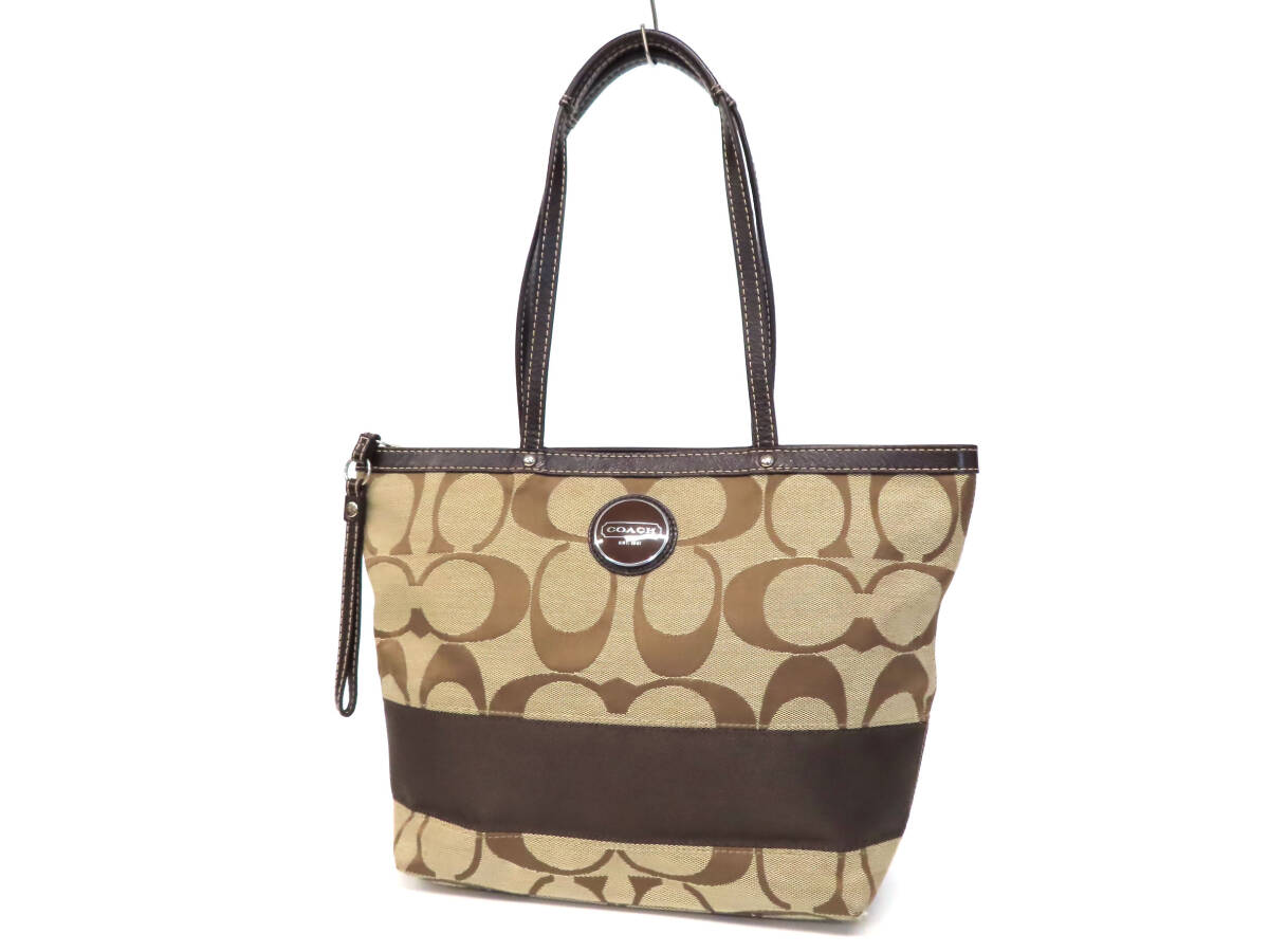 25375 美品 COACH コーチ シグネチャー ストライプ キャンバス×レザー 肩掛け トートバッグ ショルダーバッグ 鞄 ベージュ×茶 レディース