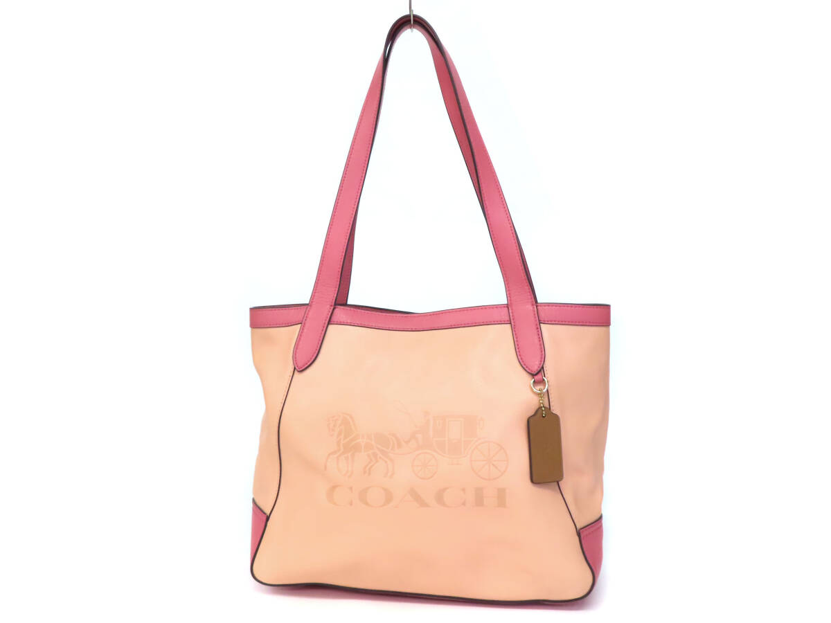 25382 美品 COACH コーチ ホース&キャリッジ カラーブロック レザー BIGロゴ 型押し 肩掛け トートバッグ ショルダーバッグ 鞄 ピンク