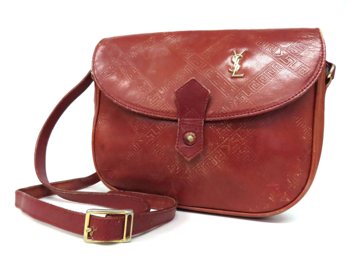 25072 Yves saint Laurent サンローラン YSL ロゴ金具 型押し 総柄 G金具 レザー フラップ ショルダーバッグ 肩掛け 鞄 赤系 ヴィンテージ