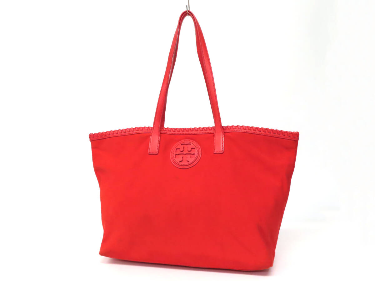 24555 TORY BURCH トリーバーチ ロゴ 革パッチ ナイロン×レザー 肩掛け トートバッグ ショッピングバッグ ショルダーバッグ 大きめ 鞄 赤