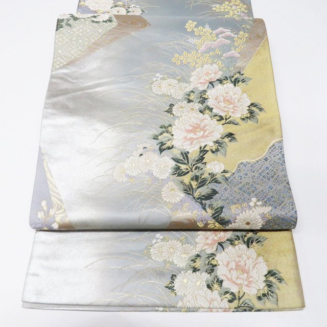 ★きもの北條★ 花模様　秋草　菊　牡丹　引箔　六通　中古　正絹　袋帯　T717-17