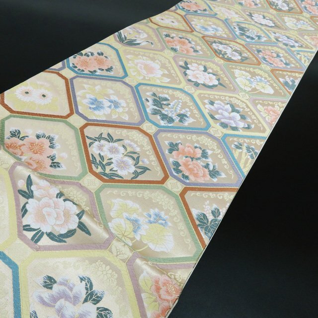 ★きもの北條★ 宮廷吉祥文　九百芙蓉　花模様　六通　仕立て上がり　中古　正絹　袋帯　T751-10