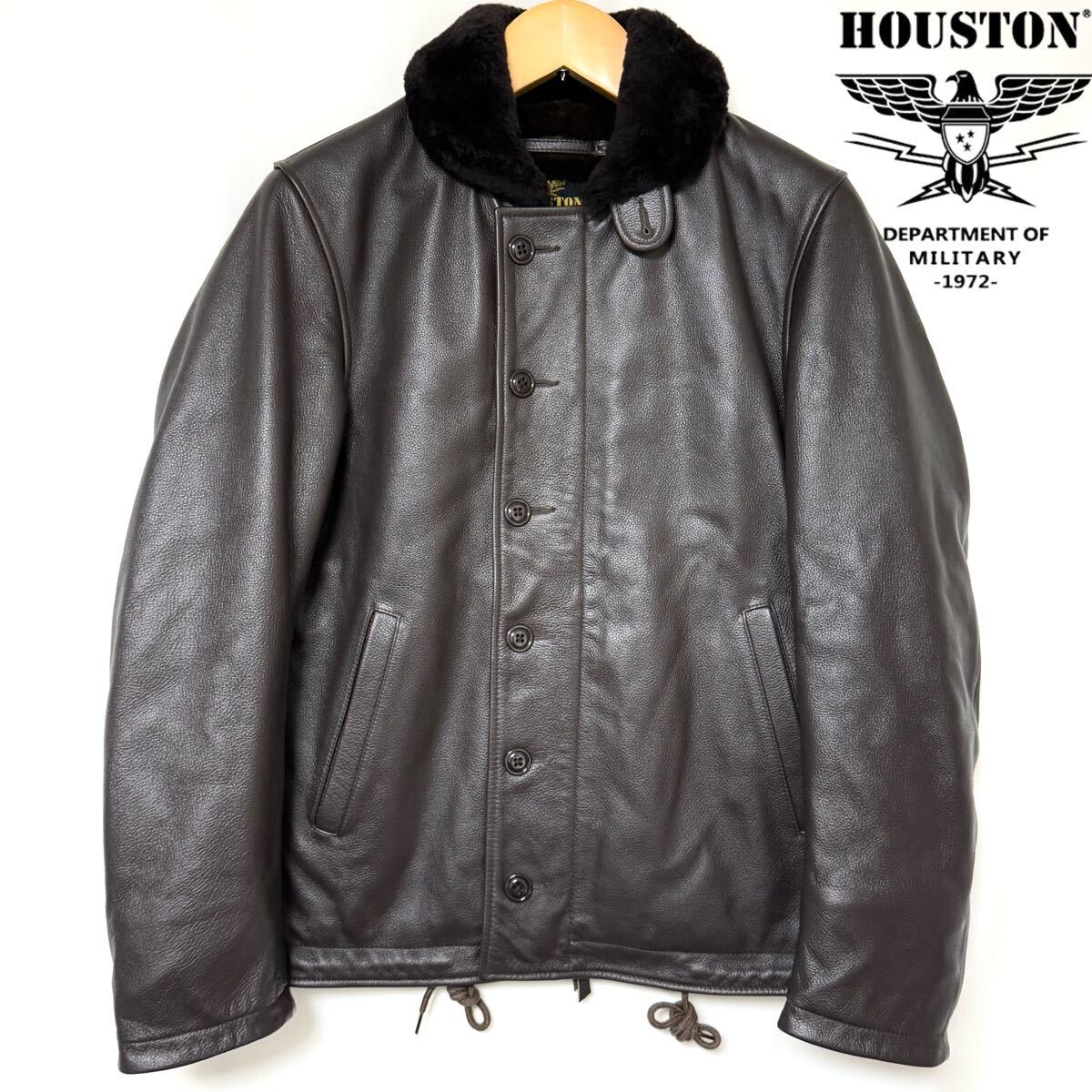 現(xiàn)行品 HOUSTON ヒューストン 8177 COWLEATHER N-1 DECK JACKET デッキジャケット 里ボア ムートン 牛革 フライト メンズ 38 S ブラウン