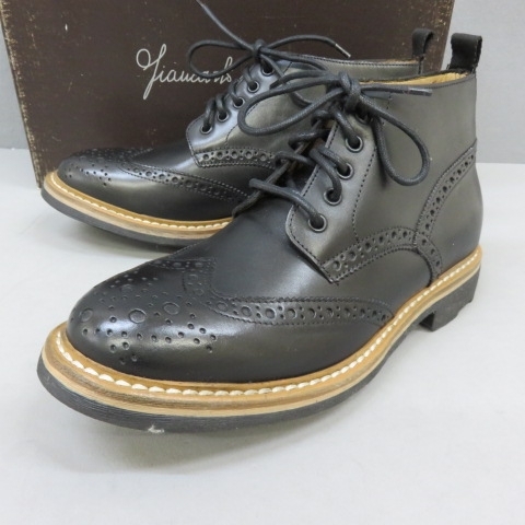 YSS5307★GIANCARLO MORELLI/ジャンカルロモレリ レザーブーツ ウイングチップ チャッカ ブラック 25～25.5cm★A