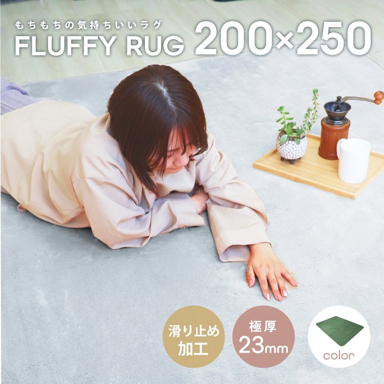 ラグ カーペット 3.2畳 200×250 極厚23mm おしゃれ オールシーズン 抗菌 防ダニ 滑り止め ホットカーペット 床暖房対応 モスグリーン