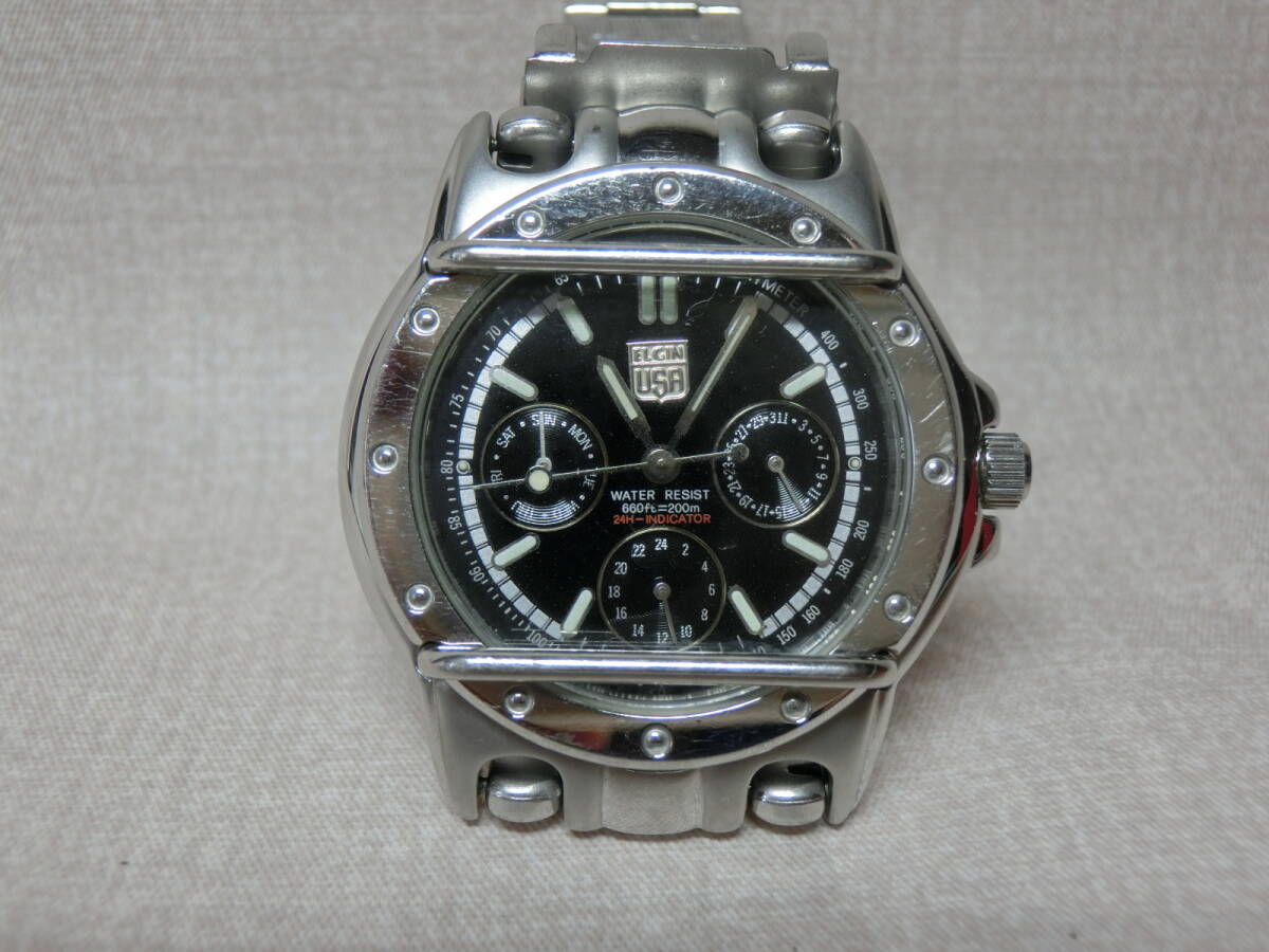 【№4069-O7001◎】中古：エルジン ELGIN　クォーツ腕時計/アナログ/ステンレス/SLV/ FK-948-A　 黒 ブラック 文字盤　腕時計　作動確認