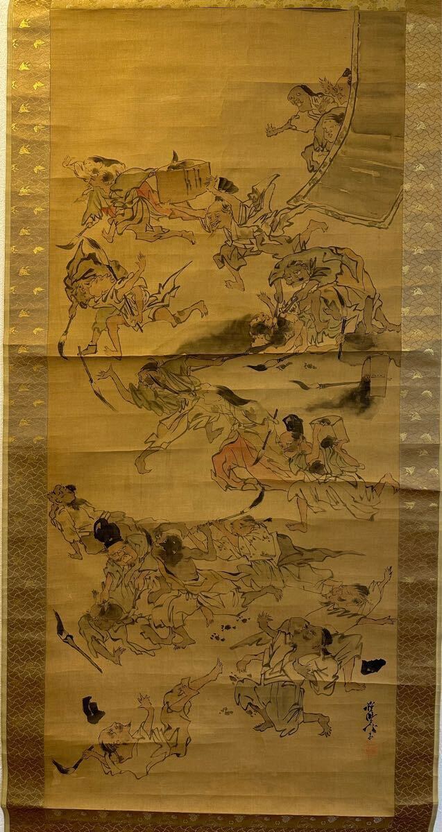 真作】河鍋暁斎「墨合戦図」 古い掛け軸(掛軸) 肉筆 絹本 日本画 真作】河鍋暁斎「墨合戦図」 古い掛け軸(掛軸) 肉筆 絹本 日本画