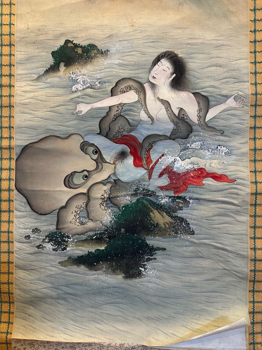 真作】江戸期 葛飾北斎「蛸と海女の図」古い掛け軸(掛軸) 肉筆 真作】江戸期 葛飾北斎「蛸と海女の図」古い掛け軸(掛軸) 肉筆