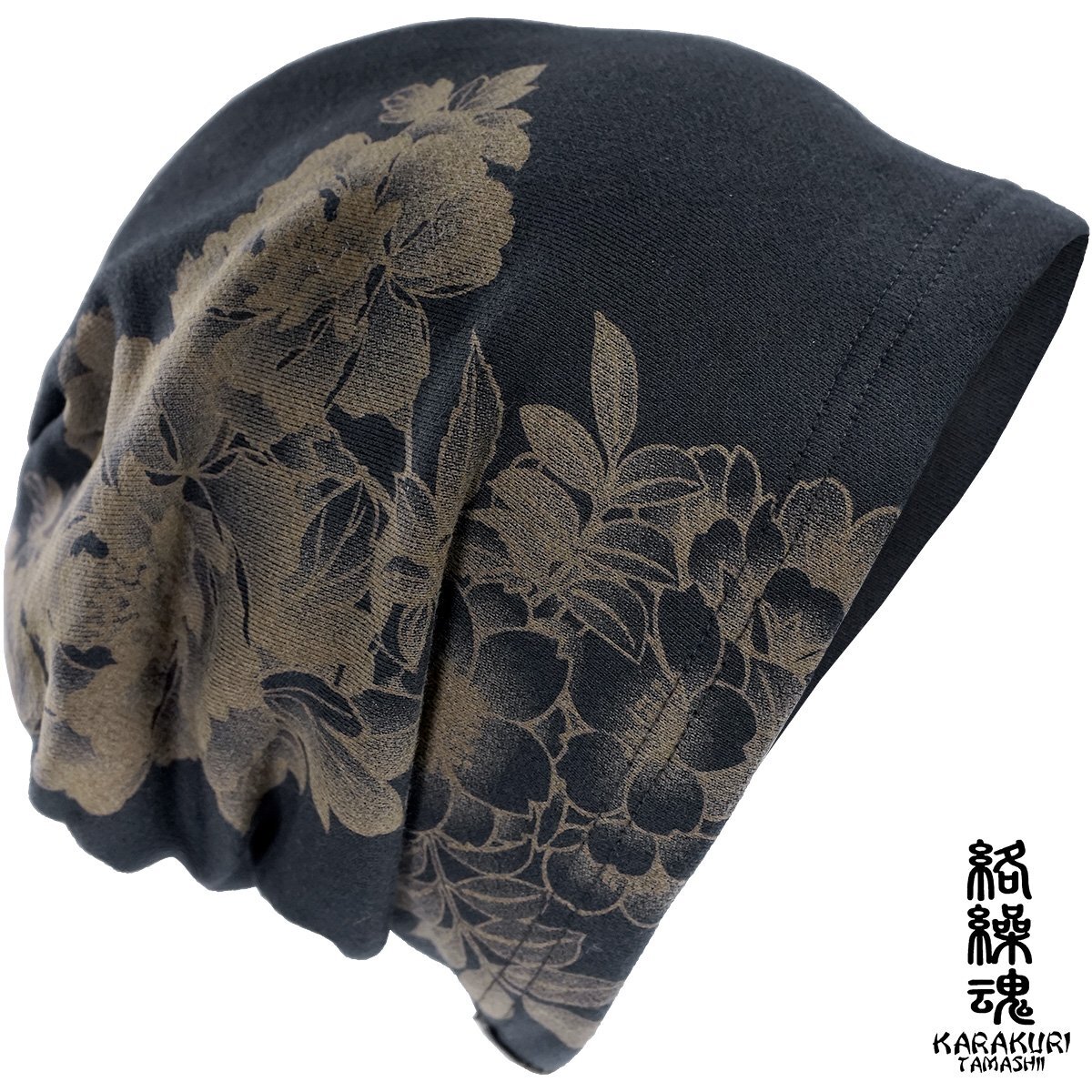 244043-20 からくり魂 絡繰魂 ワッチキャップ 和柄 花 刺繍 抜染プリント 帽子 mens メンズ(ブラック青い鳥) フリーサイズ ニット帽_画像2