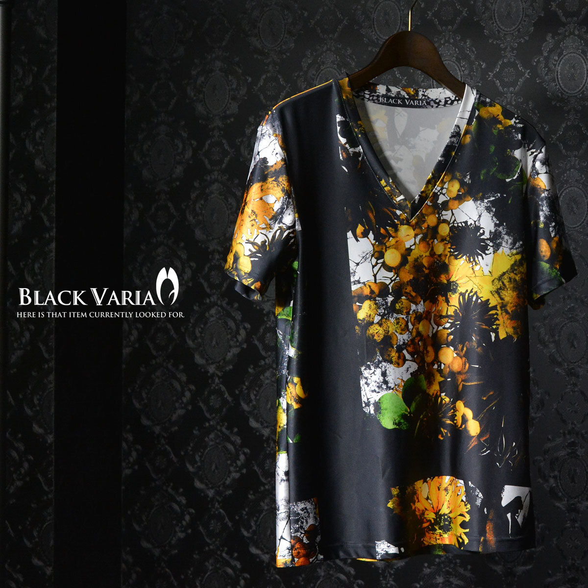 bv02-ye BLACK VARIA プレミアム ボタニカル黒十字 Vネック半袖Tシャツ メンズ(ブラック黒イエロー黃) LL 日本制 吸水速干＆2wayストレッチ