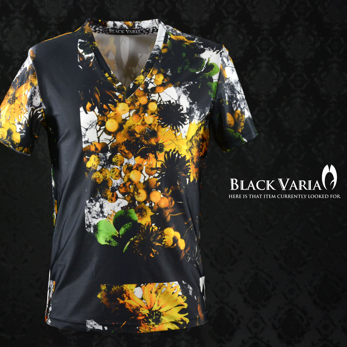 bv02-ye BLACK VARIA プレミアム ボタニカル黒十字 Vネック半袖Tシャツ メンズ(ブラック黒イエロー黃) LL 日本制 吸水速干＆2wayストレッチ