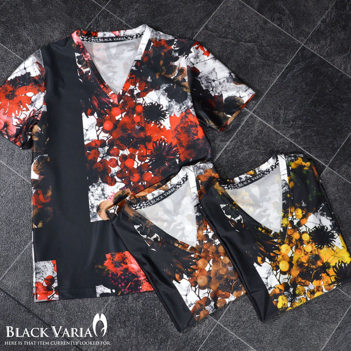 bv02-ye BLACK VARIA プレミアム ボタニカル黒十字 Vネック半袖Tシャツ メンズ(ブラック黒イエロー黃) LL 日本制 吸水速干＆2wayストレッチ