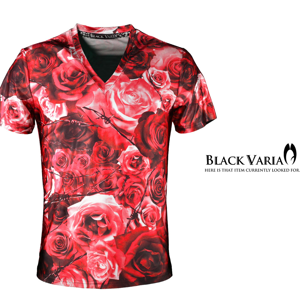 bv05-re BLACK VARIA 薔薇 大輪 花柄 有刺鉄線 プレミアム Vネック 半袖Tシャツ メンズ(レッド赤) 3L 吸水速干＆2wayストレッチ 派手