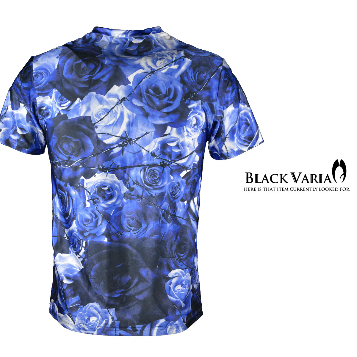 bv05-bl BLACK VARIA 薔薇 大輪 花柄 有刺鉄線 プレミアム Vネック 半袖Tシャツ メンズ(ブルー青) 3L ステージ 吸水速干＆2wayストレッチ
