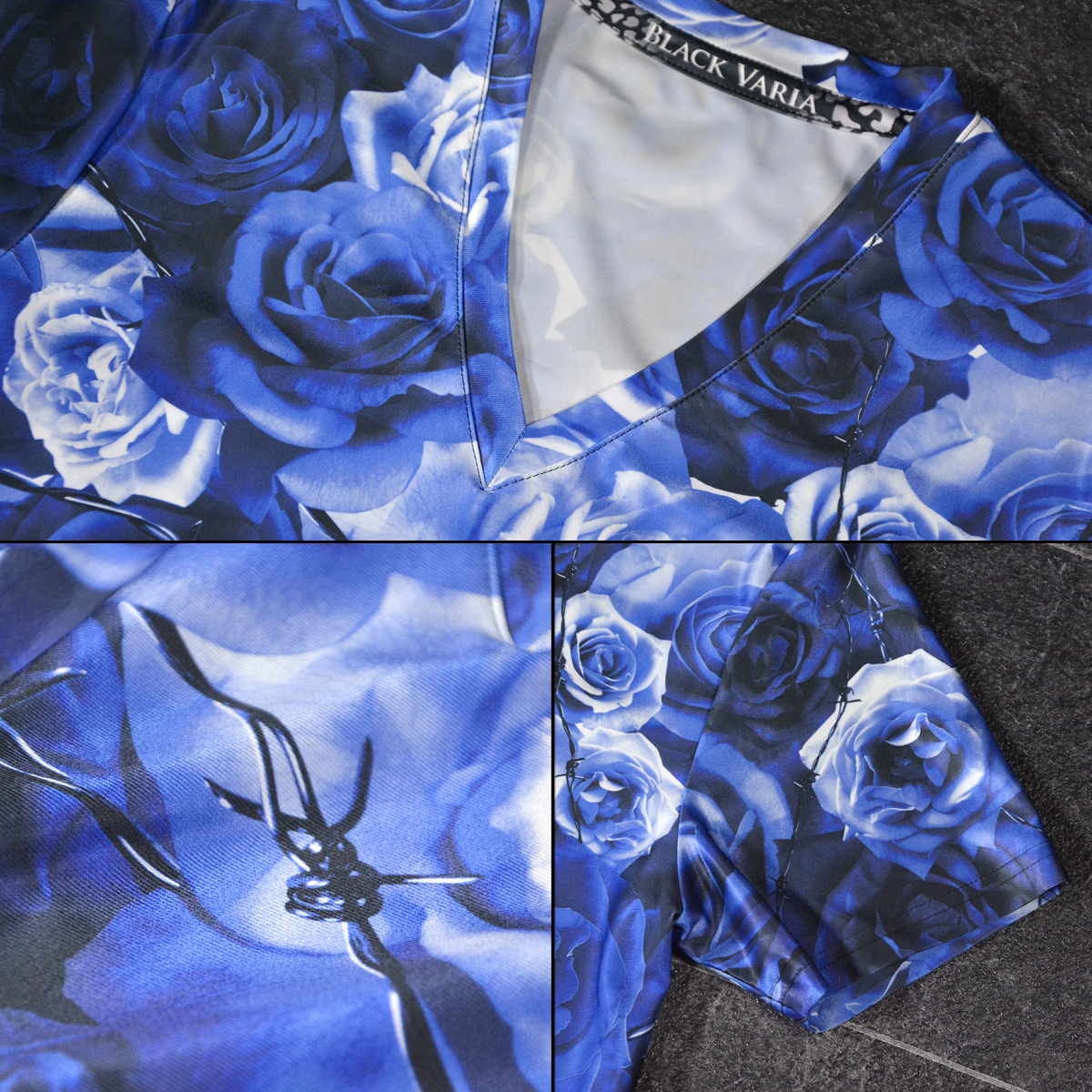 bv05-bl BLACK VARIA 薔薇 大輪 花柄 有刺鉄線 プレミアム Vネック 半袖Tシャツ メンズ(ブルー青) 3L ステージ 吸水速干＆2wayストレッチ