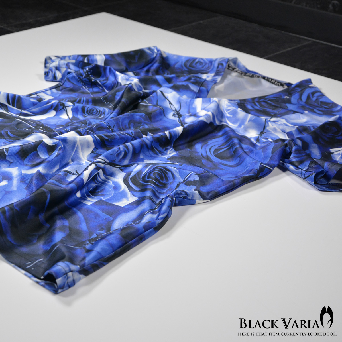 bv05-bl BLACK VARIA 薔薇 大輪 花柄 有刺鉄線 プレミアム Vネック 半袖Tシャツ メンズ(ブルー青) 3L ステージ 吸水速干＆2wayストレッチ