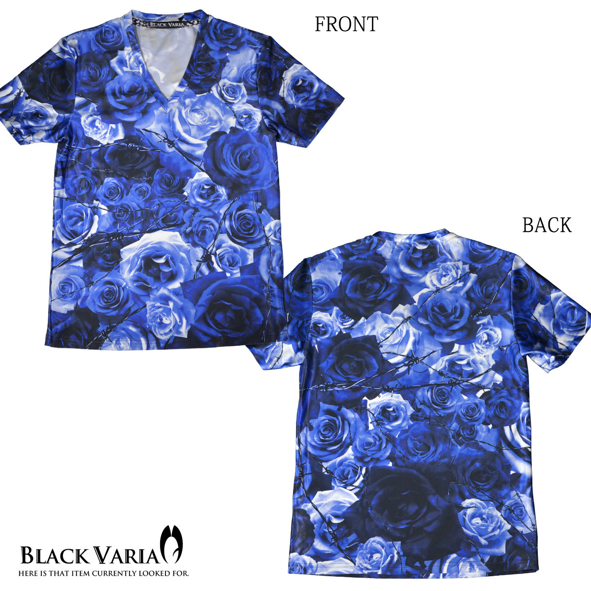 bv05-bl BLACK VARIA 薔薇 大輪 花柄 有刺鉄線 プレミアム Vネック 半袖Tシャツ メンズ(ブルー青) 3L ステージ 吸水速干＆2wayストレッチ