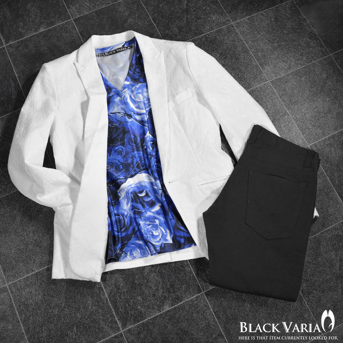 bv05-bl BLACK VARIA 薔薇 大輪 花柄 有刺鉄線 プレミアム Vネック 半袖Tシャツ メンズ(ブルー青) 3L ステージ 吸水速干＆2wayストレッチ