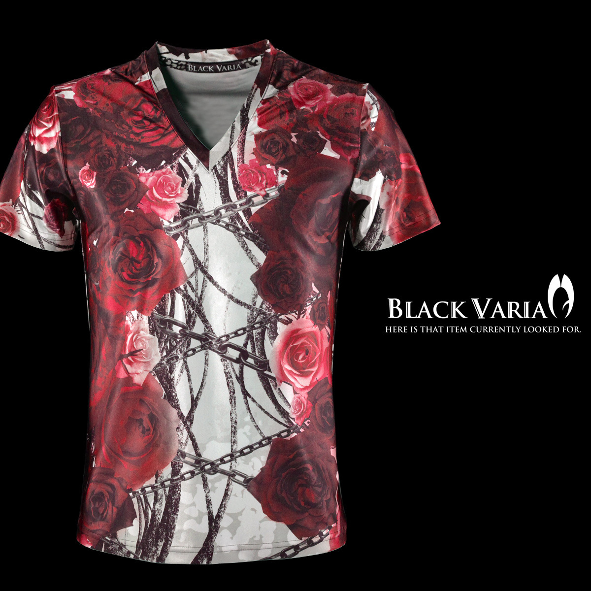 bv06-re BLACK VARIA 薔薇 バラ 花 チェーン柄 プレミアム Vネック半袖Tシャツ メンズ(レッド赤) LL 日本制 吸水速干＆2wayストレッチ