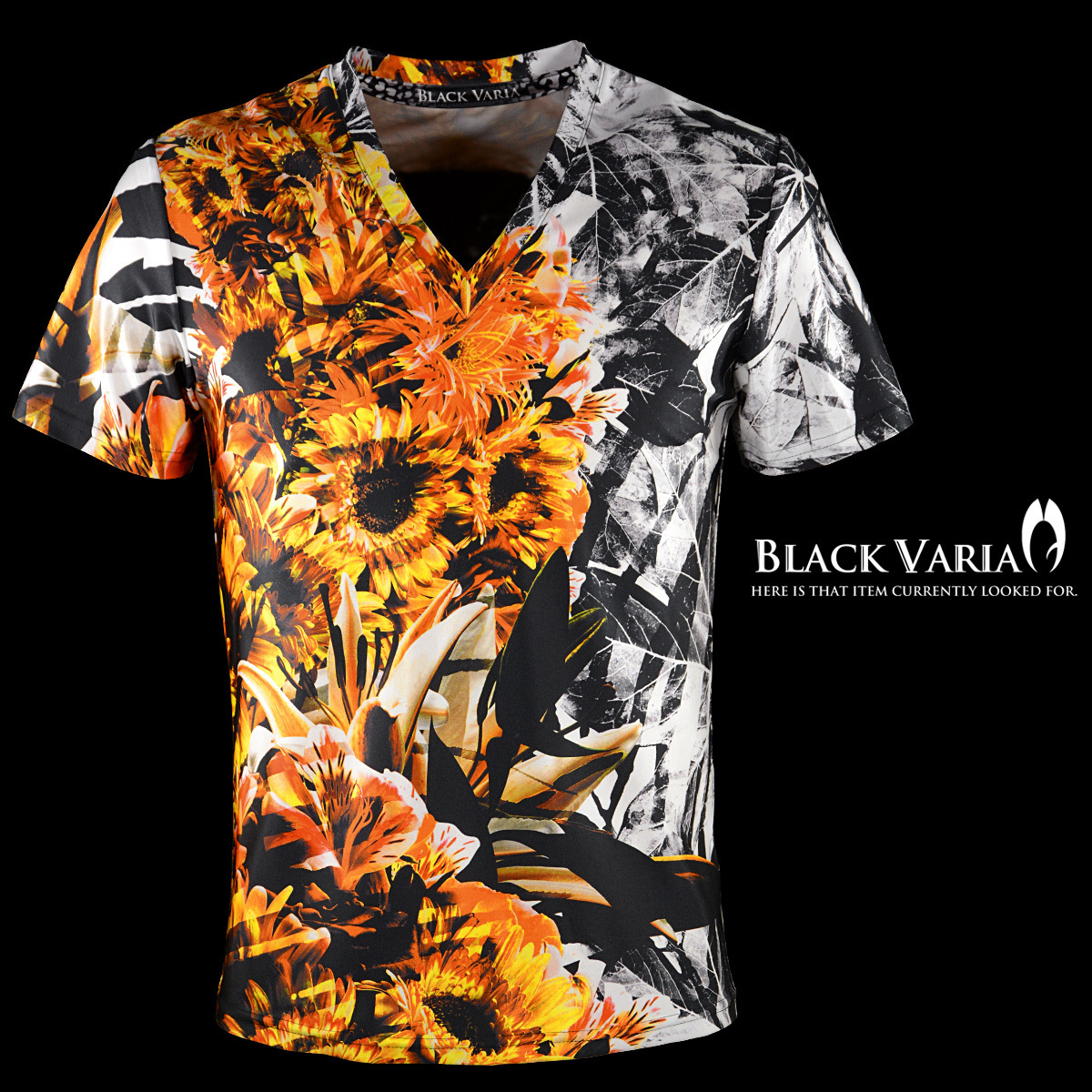 bv08-or BLACK VARIA ボタニカル葉 花柄 プレミアム Vネック半袖Tシャツ メンズ(オレンジ橙ブラック黒) LL 日本制 吸水速干 2wayストレッチ