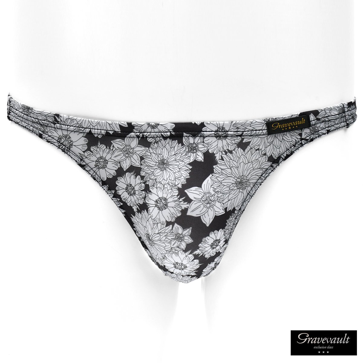 3052226-mono Gravevault Tバック ビキニ 花柄 パンツ 日本製 アンダーウェア 下着 mens メンズ(ブラック黒ライトグレー灰色) M