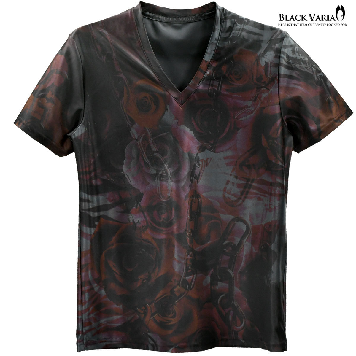 bv10-gyre BLACK VARIA 薔薇 花 チェーン ゼブラ プレミアムVネック半袖Tシャツ メンズ(グレー灰レッド赤) 3L 吸水速干 2wayストレッチ