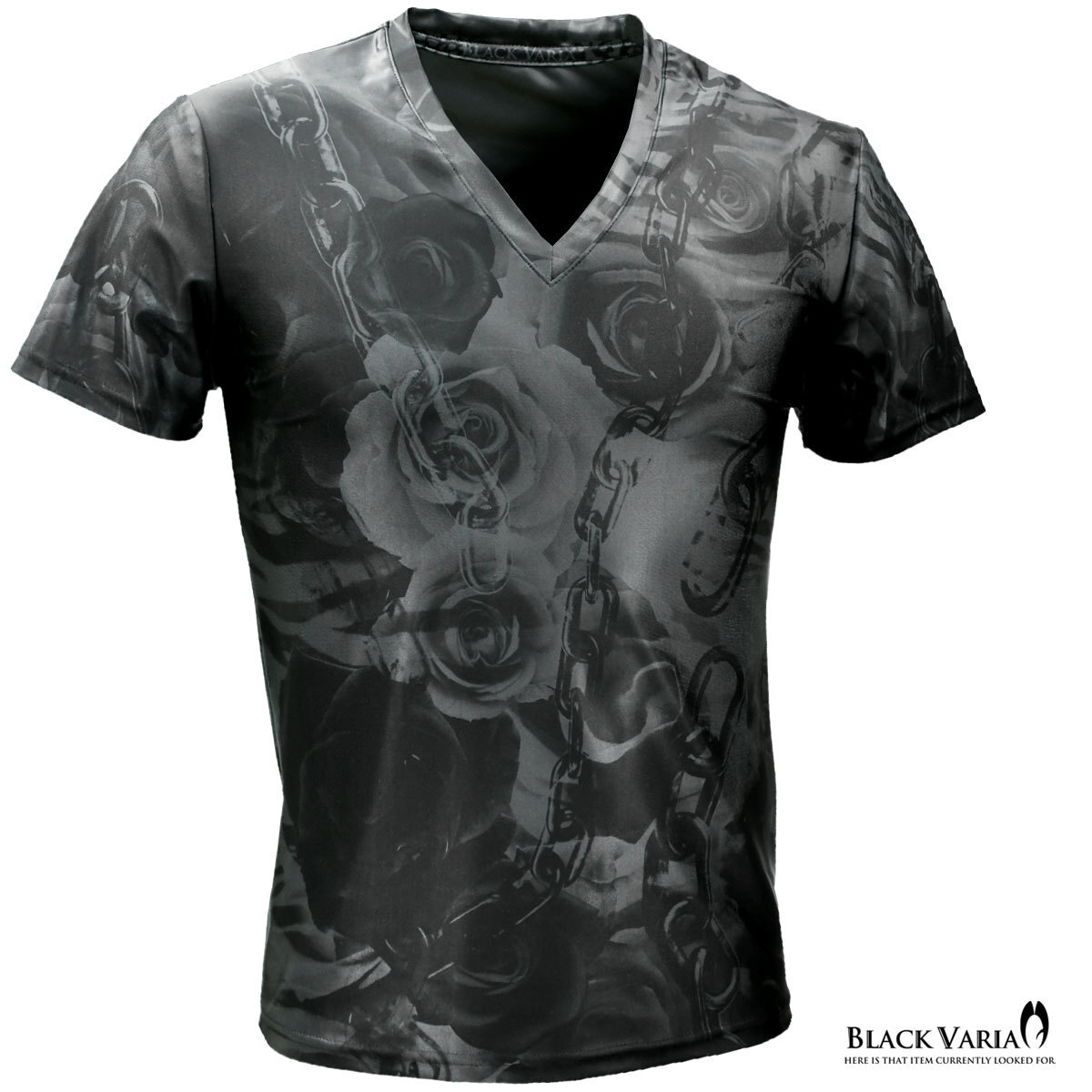bv10-gybk BLACK VARIA 薔薇 花 チェーン ゼブラ プレミアム Vネック 半袖Tシャツ メンズ(ブラック黒グレー灰) 3L 吸水速干 2wayストレッチ