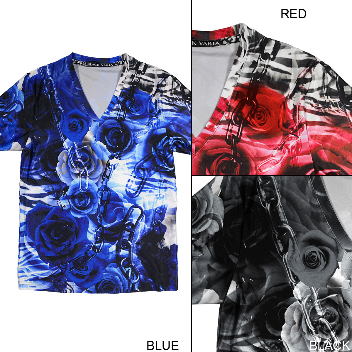 bv10-bl BLACK VARIA 薔薇 花 チェーン ゼブラ プレミアム Vネック 半袖Tシャツ メンズ(ブルー青) 3L 日本制 吸水速干＆2wayストレッチ