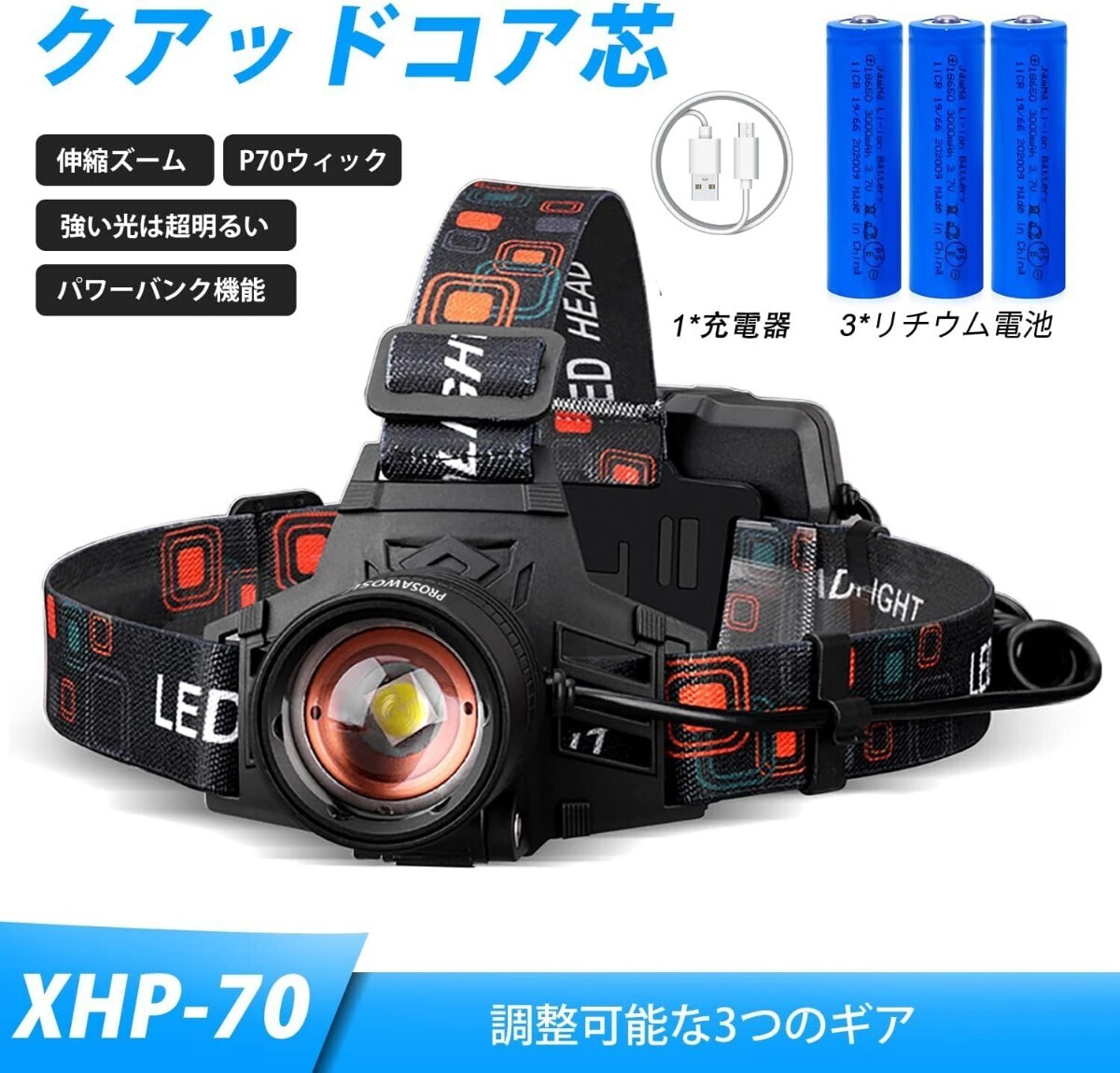 LED ヘッドライト 充電式 防水 ヘッドランプ 高輝度XHP70ウィック6000ルーメン 三つ點(diǎn)燈モード ヘルメット ライト ズーム可能 90度調(diào)整
