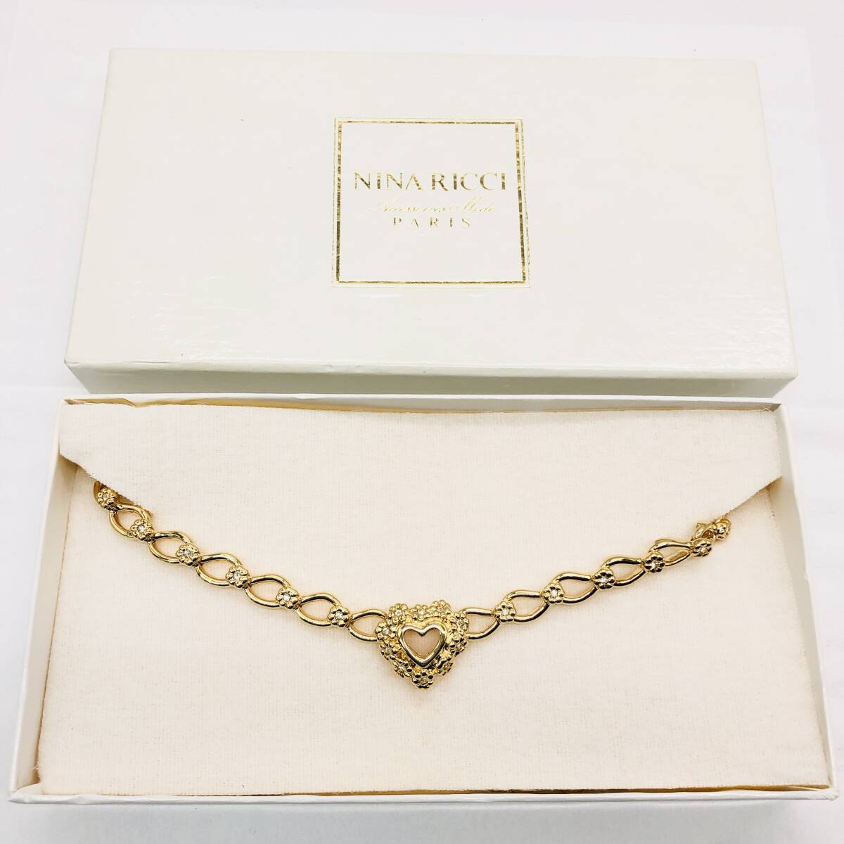 【美品】NINA RICCI ニナリッチ ネックレス ゴールドカラー ラインストーン ハート レディース アクセサリー / ot-0430-sw