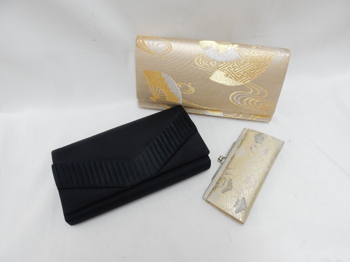 西陣織 バッグ かばん 博多織元 財布 がま口 3点 まとめて 金色 黒 和装小物 USED /2501D