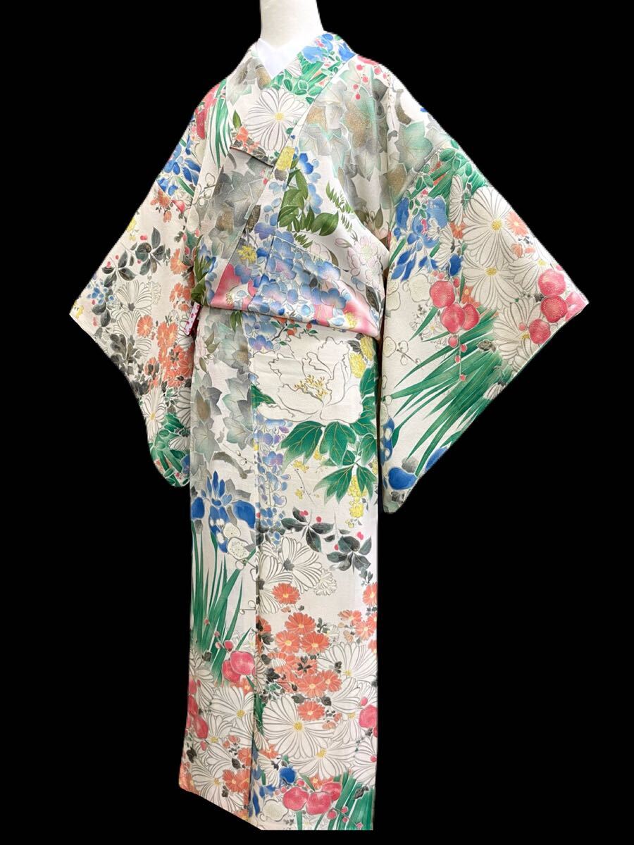 アンティーク着物◇百花繚乱 縮緬 小紋 藤 椿 三越扱い 正絹 アンティーク着物◇百花繚乱 縮緬 小紋 藤 椿 三越扱い 正絹